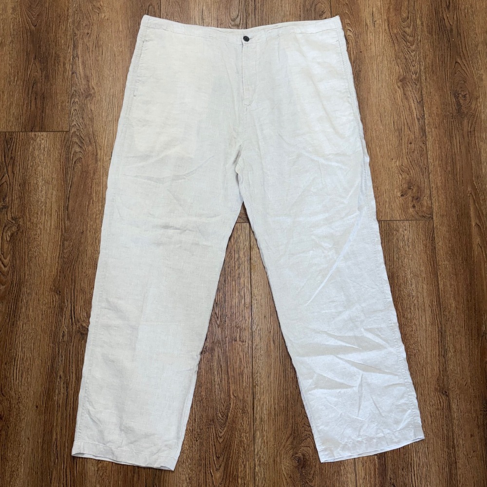 Nautica Explorer Mens XL Loose Fit Cream 100% Linen Pants Wide Leg Resort Luxury